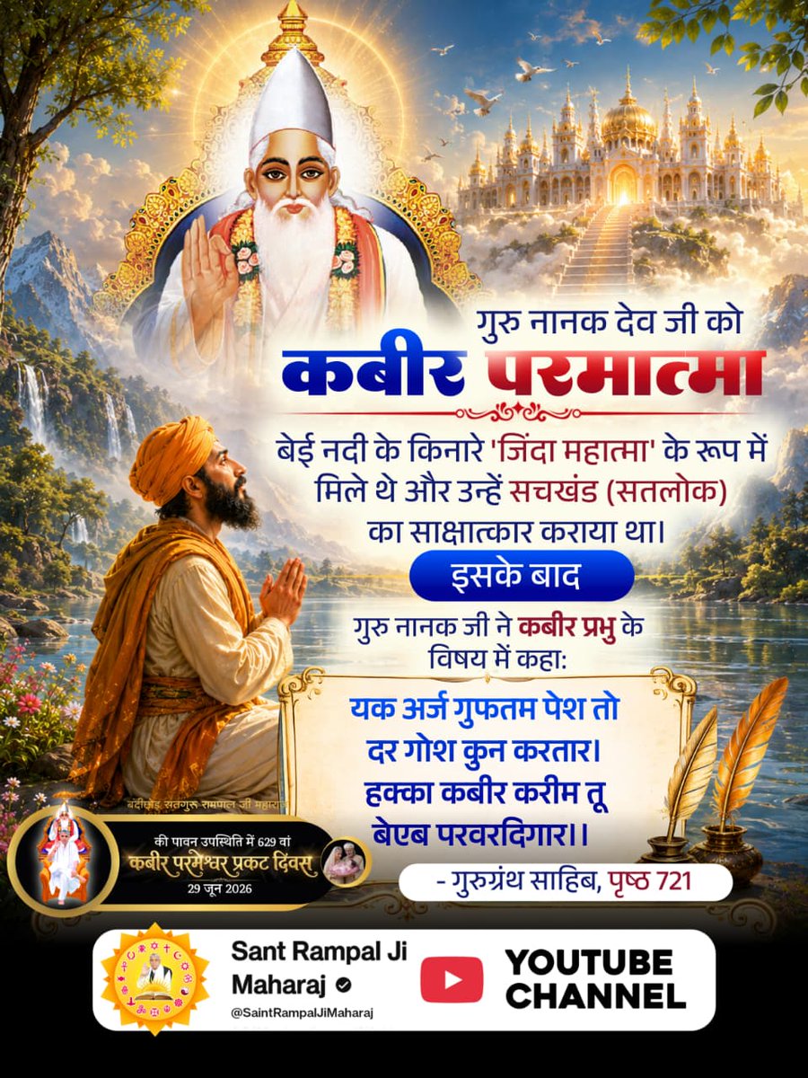 Mohanray560642's tweet photo. #किसको_मिले_कबीरभगवान
कबीर परमेश्वर, सतगुरु के रूप में विश्नोई पंथ के संस्थापक संत जम्भेश्वर जी को समराथल (राजस्थान) में मिले थे। जम्भसागर (शब्द 90) में उल्लेख है:
जां जां पवन आसण, पाणी आसण, चंद आसण।
सूर (सूर्य) आसण गुरू आसण संमरा थले।
Sant RampalJi YouTube https://t.co/TdQjrJ3Z0G