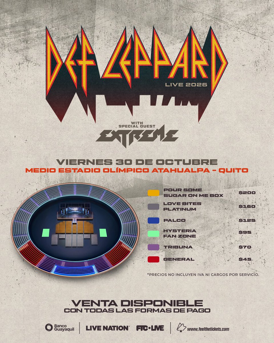 feelthetickets's tweet photo. Los legendarios DEF LEPPARD llegan a Ecuador 🇪🇨 para ofrecer un espectáculo histórico junto a EXTREME. 🎶❤️🎸

📍 Quito
📅 Viernes 30 de octubre
🏟️ Medio Estadio Olímpico Atahualpa
🎤 Invitado especial: Extreme

🌐 Compra tus entradas en https://t.co/Q10YLX5BIT https://t.co/aEt7zVUasR
