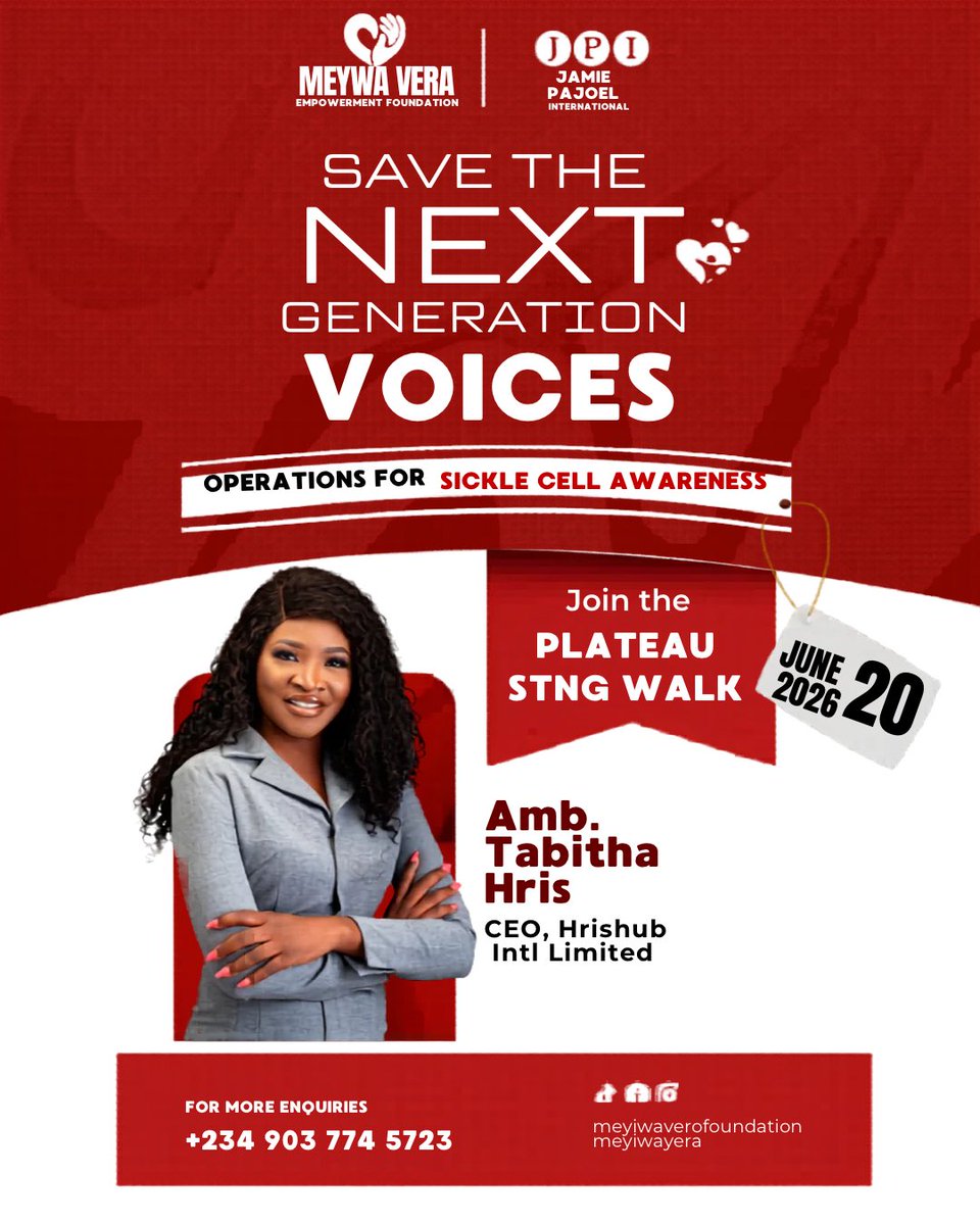 HrisCareFDN's tweet photo. Today, I am glad to officially join the STNG Voices for the Sickle Cell Awareness Walk because every step we take brings more awareness, more understanding, and more hope to families affected by sickle cell.

Nigeria currently has the highest sickle cell populations in the world and we can’t afford to stay silent. So In commemoration of World Sickle Cell Day 2026,  Saturday, 20th June, 2026, JPI Plateau and the MeyiwaVera Foundation are hosting a 300 Men Sickle Cell Awareness Walk right in Jos.

If you're in Jos, Plateau State, I would love for you to join us for this worthy cause. This solidarity walk is supported by the Plateau State government, security agencies, the Federal Road Safety Corps (FRSC), media houses, and press coverage, to further amplify the message and extend its reach across Plateau State and beyond.

Note: This Walk is strictly by invitation or registration. 

If you would like to attend register here before it’s too late as slots are limited. 
👇🏿👇🏿👇🏿
https://t.co/3uKigHbfpS

For further details feel free to reach out to the JPI President, Plateau State - Mr. Hollis Idabor. He'll be glad to guide you.

#SaveTheNextGeneration
#SickleCellAwareness
#STNGVoices