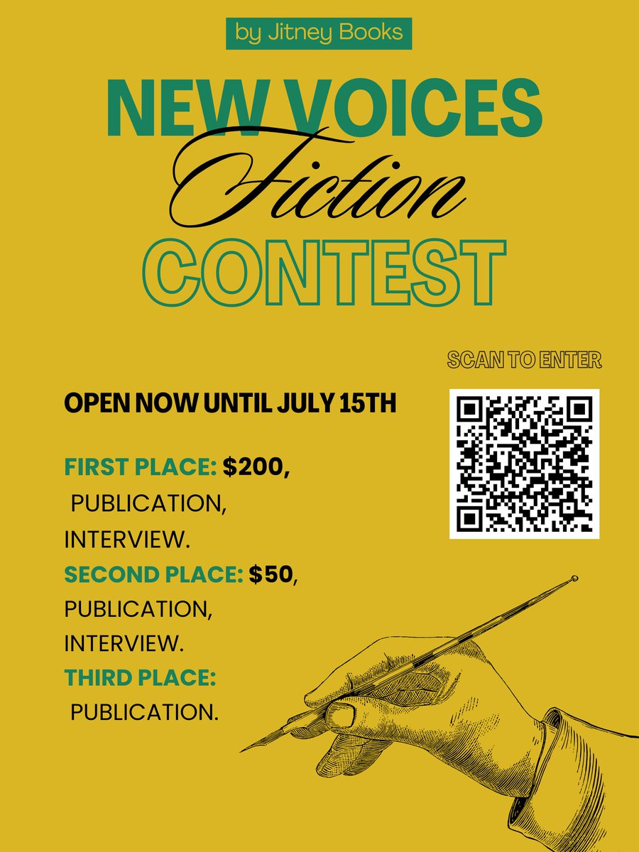 ChrisFielden's tweet photo. The Jitney Books New Voices Fiction Award is open until 15th July 2026. Open to fiction and creative non-fiction. 2,000 words max. $15 entry fee. $200 top prize. Winning stories are published online in The Jitney with a featured author interview. https://t.co/MJbVbmRUXb https://t.co/3xLjgoiaAP