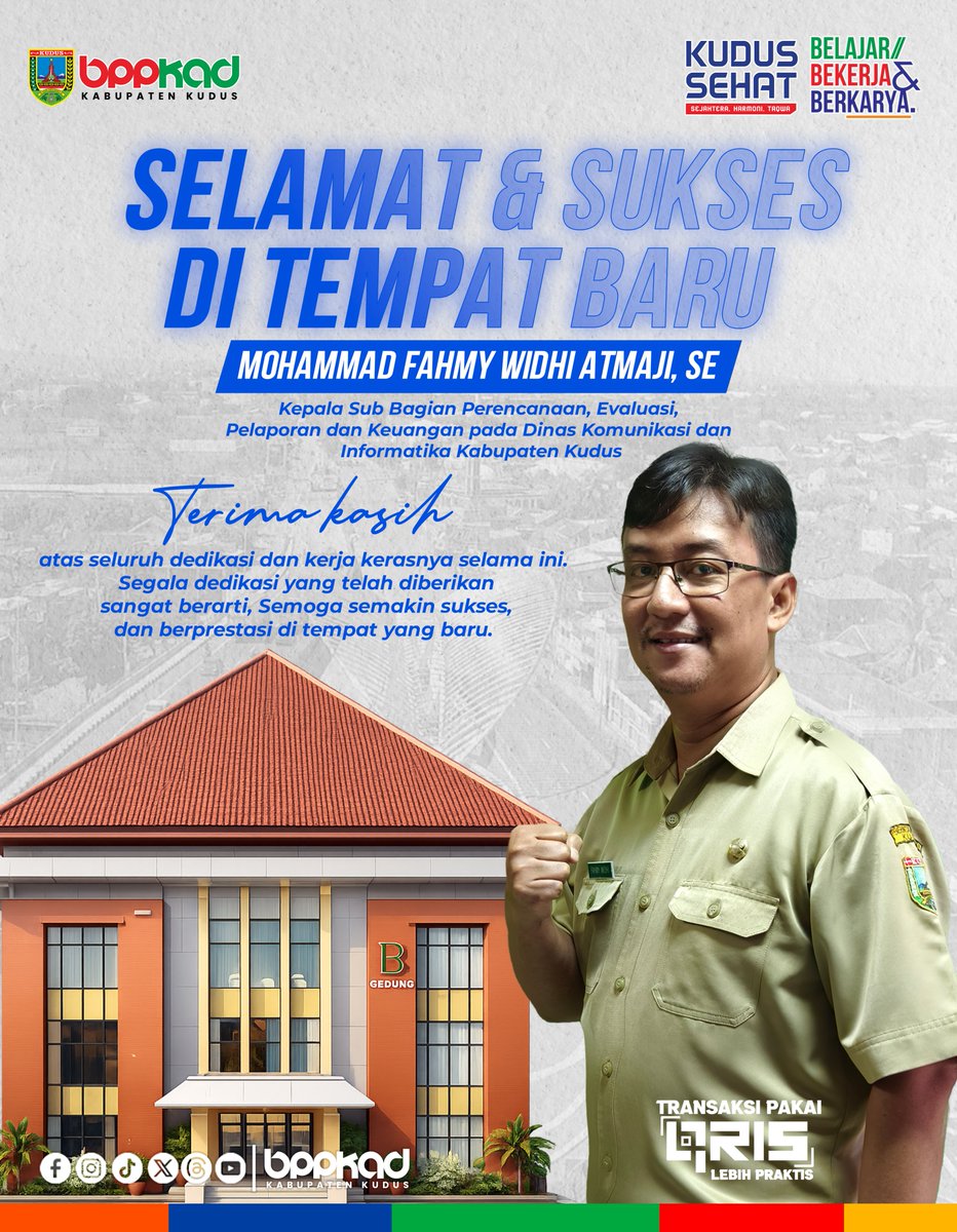 BppkadKudus's tweet photo. Selamat dan Sukses atas dilantiknya Bapak Mohammad Fahmy Widhi Atmaji, SE Kepala Sub Bagian Perencanaan, Evaluasi, Pelaporan dan Keuangan pada Dinas Kominfo Kudus.
Terima kasih atas dedikasi, kerja keras, dan pengabdian yang telah diberikan selama bertugas di BPPKAD Kudus. https://t.co/GY8siHTM9w