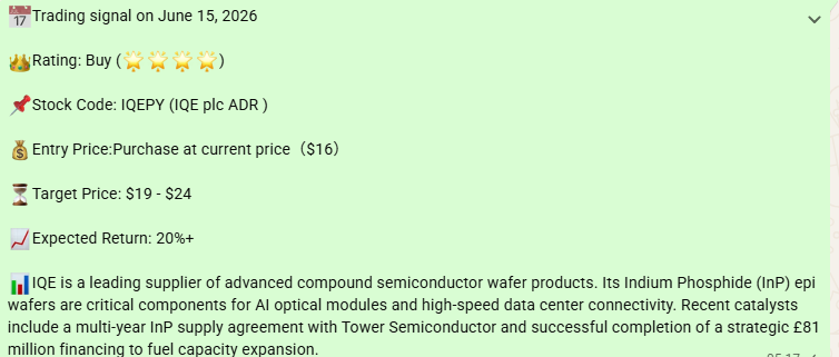EdwardThornton_'s tweet photo. 📅Trading signal on June 15, 2026 

👑Rating: Buy (🌟🌟🌟🌟)

📌Stock Code: IQEPY (IQE plc ADR ) 

💰Entry Price:Purchase at current price（$16）

⏳Target Price: $19 - $24 

📈Expected Return: 20%+ https://t.co/evcGg8gkQg