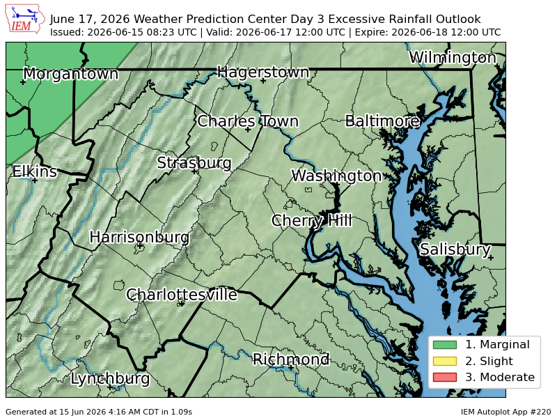 PWXBaltimore's tweet photo. WPC issues Day 3 Marginal Risk Excessive Rainfall Outlook at Jun 15, 8:23z for LWX https://t.co/3Qb0XSpLE5 https://t.co/nzeLoVuHfJ