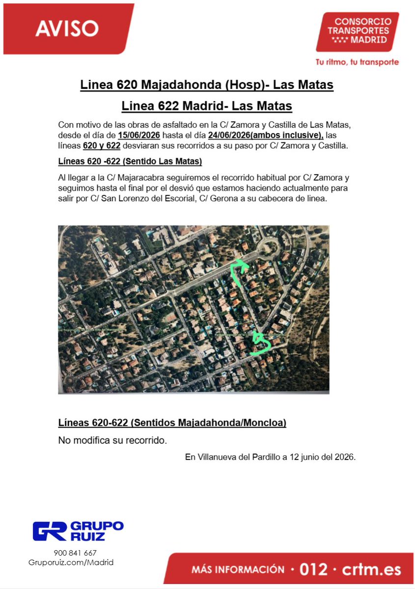 AutoPeriferia's tweet photo. ⚠️AVISO IMPORTANTE⚠️

Desvío de recorrido de las líneas 620 y 622 por obras de asfaltado en Calle Zamora y Castilla (Las Matas).

📍Desde el 15 de junio hasta el 24 de junio

Disculpen las molestias. https://t.co/rfZeeBgVtW