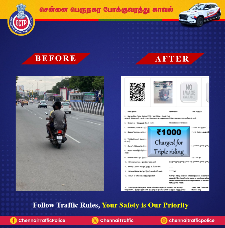 ChennaiTraffic's tweet photo. @vchinnikrishnan Your tweet was verified and action taken.
#Tripleriding #NoHonking #DoNotDrinkAndDrive #NeverOffDuty #InPublicService #YourSafetyOurPriority https://t.co/2Cx81c7S5D