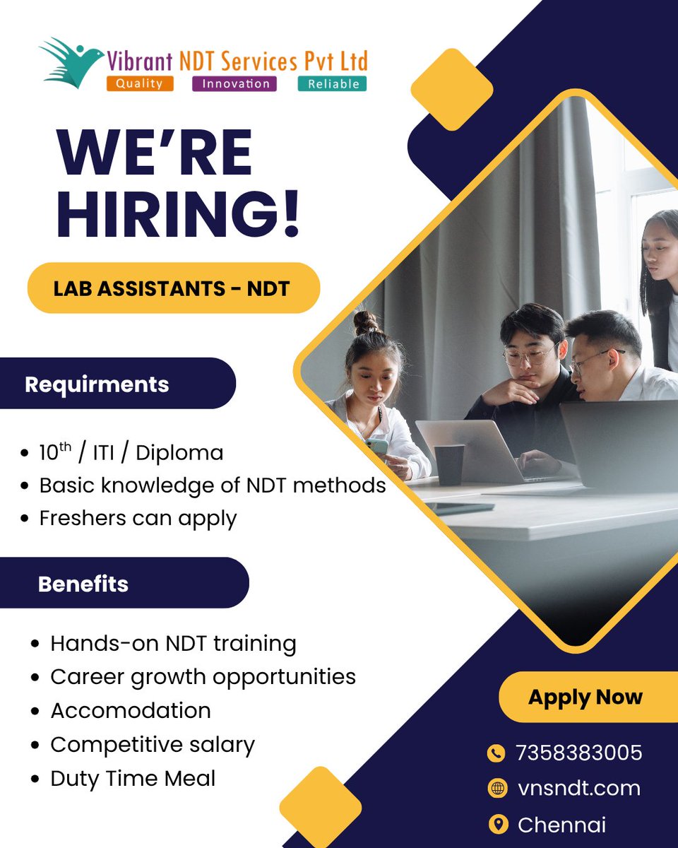 NDTVibrant's tweet photo. Finished ITI, Diploma, or 10th? 😢Why wait for experience when you can gain it with us?🎉
Join @vibrantndtchennai and get:
✅Practical NDT Training
✅Real Industry Exposure
✅Career Growth
✅ Accommodation &amp; Meals
📍Chennai 
📞7358383005

#Labasst #ambattur #vibrantndt #chennai https://t.co/7wFSJpvT5M