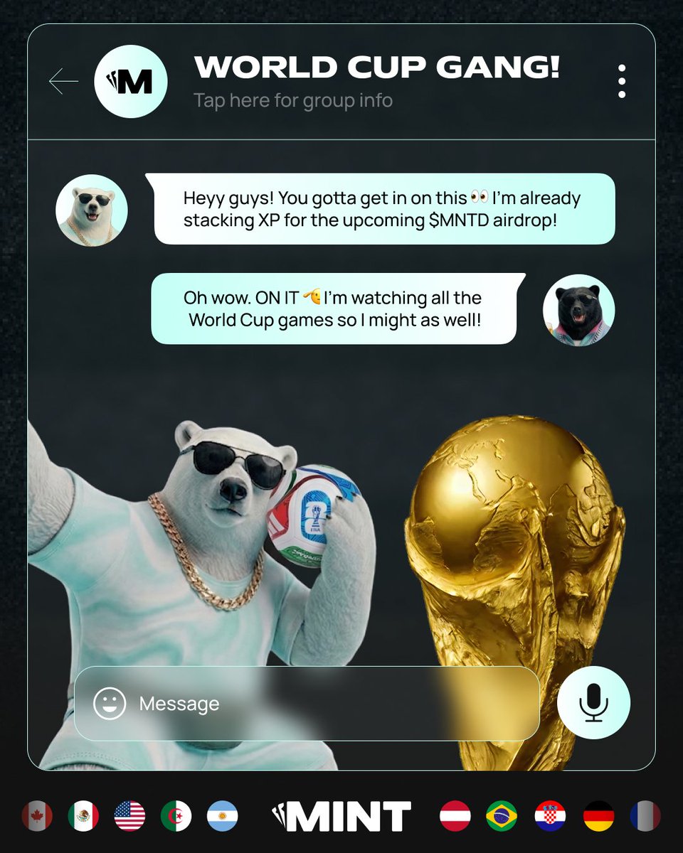 MintCasino's tweet photo. Let the group chat know what’s cooking with $MNTD ⚽️ Refer a friend and earn a share of their rewards! 🎁

+ 10% XP
+ 10% House Edge

Their boosted World Cup XP stacks for you too! https://t.co/7sV734lG63