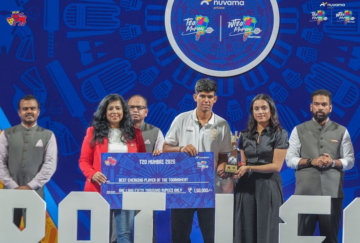 T20Mumbai's tweet photo. (3/3) MCA Office Bearers, MCA Apex Council members and T20 Mumbai Governing Council members distributed the awards of the season at the post-match presentation after the Men’s Final on 13th June. 

➡️ Champions: MSC Maratha Royals
➡️Runner up: Arcs Andheri
➡️ Orange Cap: Divyaansh Saxena
➡️ Purple Cap: Tushar Deshpande
➡️ Player of the Tournament: Suved Parkar
➡️ Best Emerging Player: Nutan Goel
➡️ Best Development Player: Ajay Mishra
➡️ Fastest 50 of the Tournament: Sarfaraz Khan

#MCA #T20Mumbai #ChanceSoduNako #NuvamaPrivate #TheExceptionals