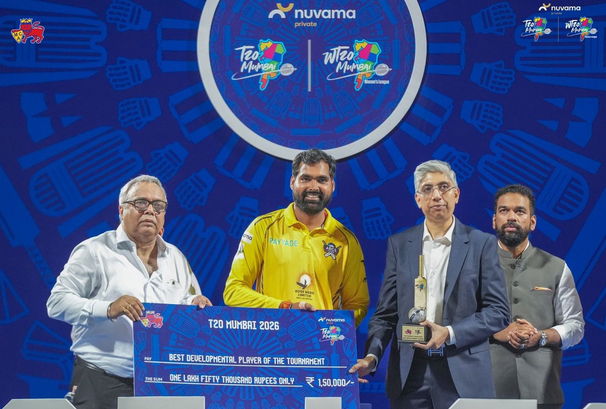 T20Mumbai's tweet photo. (3/3) MCA Office Bearers, MCA Apex Council members and T20 Mumbai Governing Council members distributed the awards of the season at the post-match presentation after the Men’s Final on 13th June. 

➡️ Champions: MSC Maratha Royals
➡️Runner up: Arcs Andheri
➡️ Orange Cap: Divyaansh Saxena
➡️ Purple Cap: Tushar Deshpande
➡️ Player of the Tournament: Suved Parkar
➡️ Best Emerging Player: Nutan Goel
➡️ Best Development Player: Ajay Mishra
➡️ Fastest 50 of the Tournament: Sarfaraz Khan

#MCA #T20Mumbai #ChanceSoduNako #NuvamaPrivate #TheExceptionals