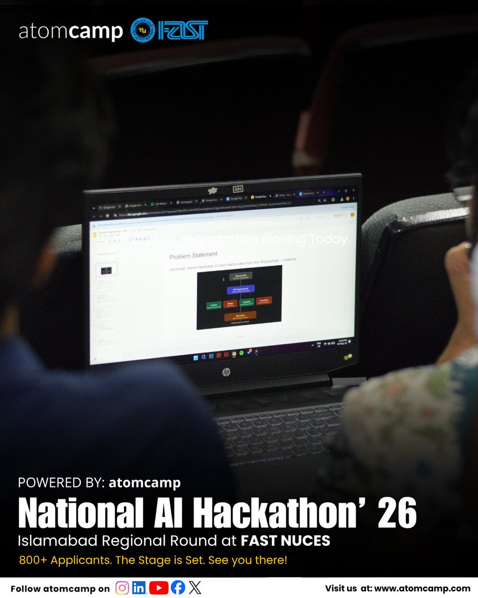 atomcamp's tweet photo. The countdown is over, Islamabad! With over 800+ applicants ready to compete, the stage is officially set for the National AI Hackathon ’26 Islamabad Regional Round at FAST NUCES.

If you’ve been waiting for the right moment to test your skills, build groundbreaking AI solutions, and network with the best in the ecosystem, this is it.

Clocking in sharp at 10:00 AM Tomorrow.

The stage is set, the energy is locked in, and we are ready to hit the ground running. See you right at the starting line!