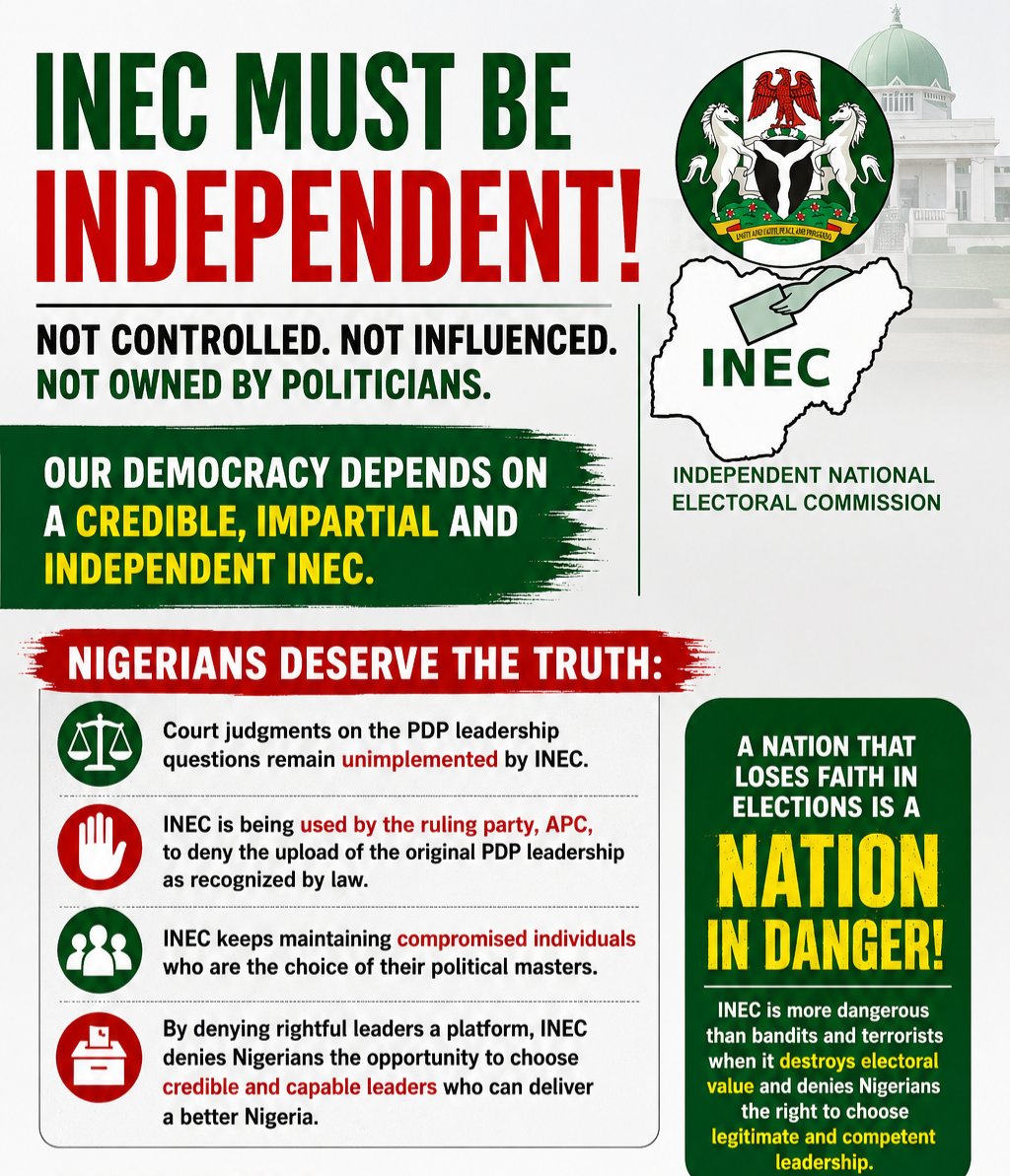 hon_nuru's tweet photo. Many Nigerians are beginning to question whether INEC is still truly independent. When court decisions and constitutional issues affecting the PDP remain subjects of controversy, yet certain political interests appear to 
@UN @realDonaldTrump @euinzim @eu_echo @SilveSociety https://t.co/mphTQwqD5z