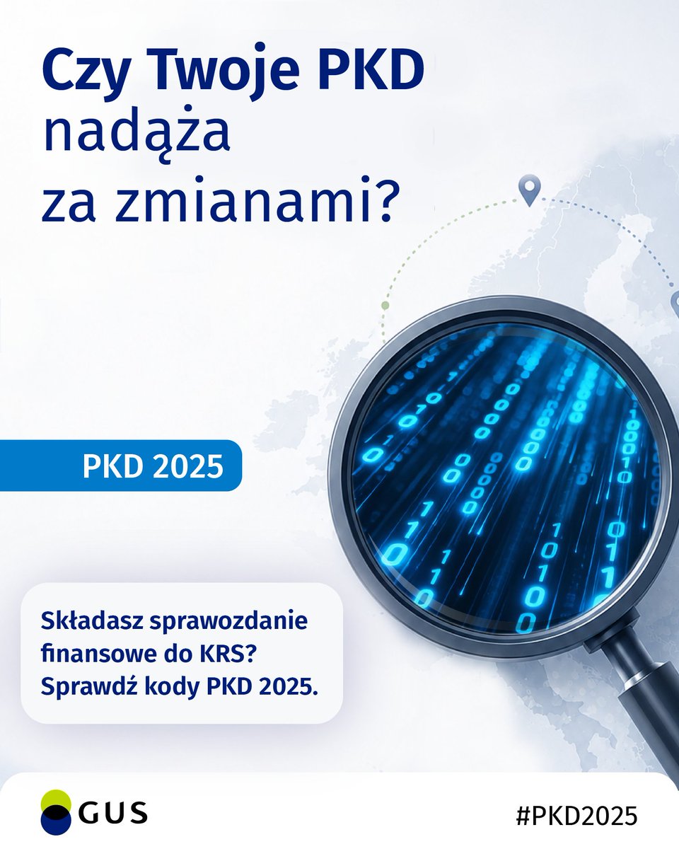 GUS_STAT's tweet photo. Przedsiębiorco, od 1 stycznia 2025 r. obowiązuje #PKD2025. Składając sprawozdanie finansowe do #KRS, sprawdź, czy kody #PKD w rejestrze odpowiadają faktycznie prowadzonej działalności.

🔗 https://t.co/CTKYqEBXY6

#GUS https://t.co/pjTXneDBup