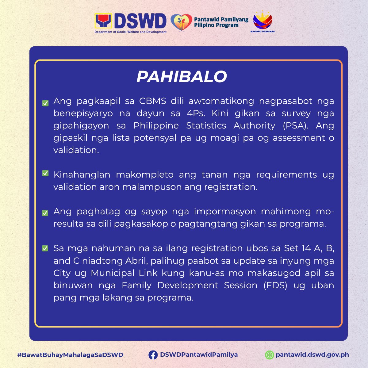 DSWDfo7's tweet photo. 📢 Gi-awhag ang mga kwalipikadong pamilya nga masayod ug mosabot sa proseso sa pagparehistro sa 4Ps.

Ang listahan sa mga potensyal nga kwalipikadong pamilya naggikan sa Community-Based Monitoring System (CBMS) nga gipahigayon sa Philippine Statistics Authority (PSA). @dswdserves https://t.co/UT3mHRgDFj