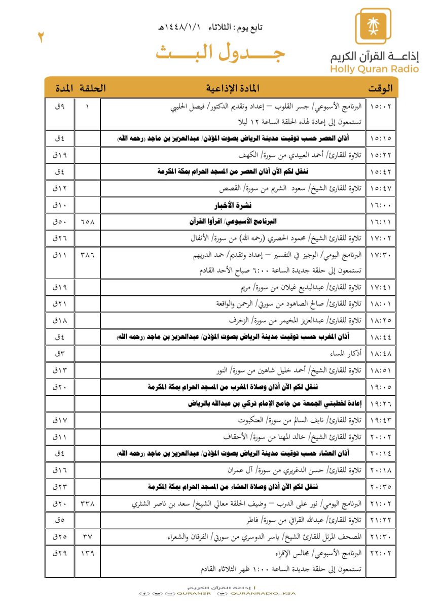QuranRadio_ksa's tweet photo. جدول تلاوات وبرامج
#إذاعة_القرآن_الكريم
ليوم #الثلاثاء 1448/1/1

رابط البث المباشر 👇🏻
https://t.co/Uc2JC5Uw5P https://t.co/9N2LhQE3t2
