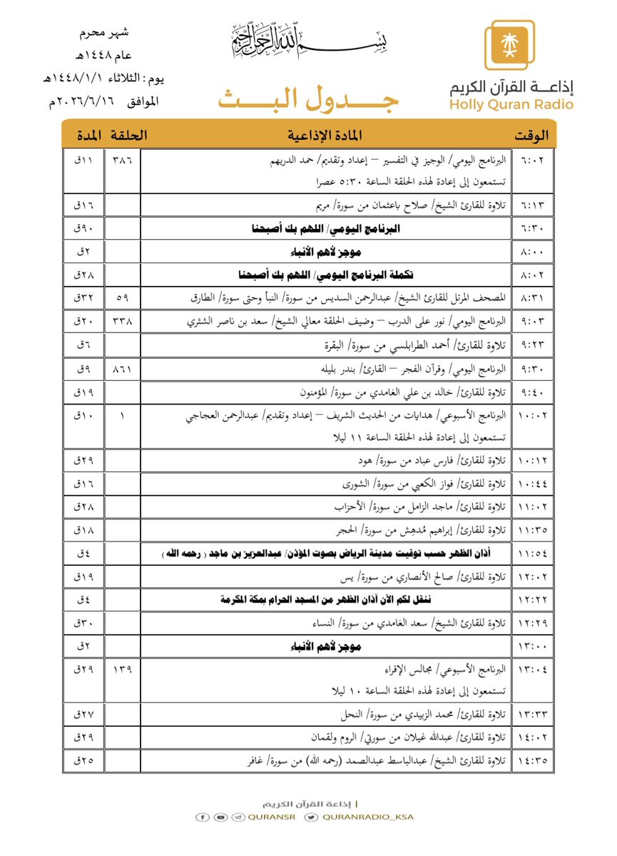 QuranRadio_ksa's tweet photo. جدول تلاوات وبرامج
#إذاعة_القرآن_الكريم
ليوم #الثلاثاء 1448/1/1

رابط البث المباشر 👇🏻
https://t.co/Uc2JC5Uw5P https://t.co/9N2LhQE3t2