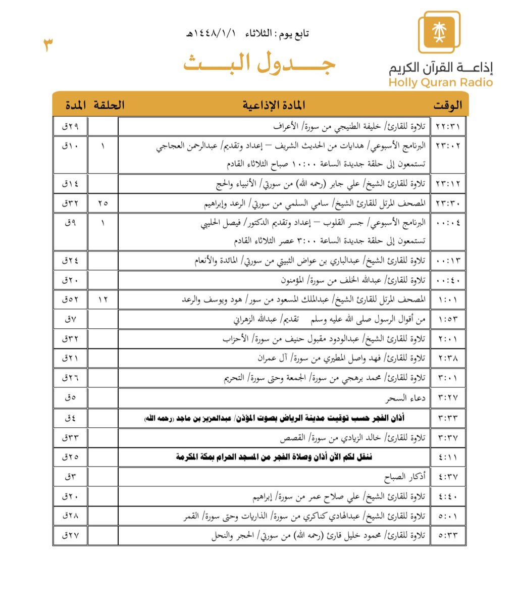 QuranRadio_ksa's tweet photo. جدول تلاوات وبرامج
#إذاعة_القرآن_الكريم
ليوم #الثلاثاء 1448/1/1

رابط البث المباشر 👇🏻
https://t.co/Uc2JC5Uw5P https://t.co/9N2LhQE3t2