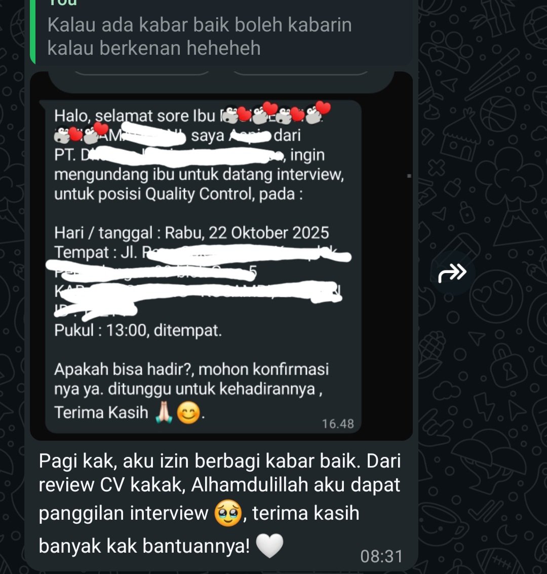 nblwithluv's tweet photo. @worksfess Aku sering nder bantuin temen2 yg belum pernah dpt panggilan sebelumnya, sampe akhirnya dpt banyak panggilan bahkan sampe ada yg keterima, tiap ada yg ngabarin tu suka terharu sendiri, se-heartwarming ini cara mereka cerita🫠 https://t.co/zMfpE405LS