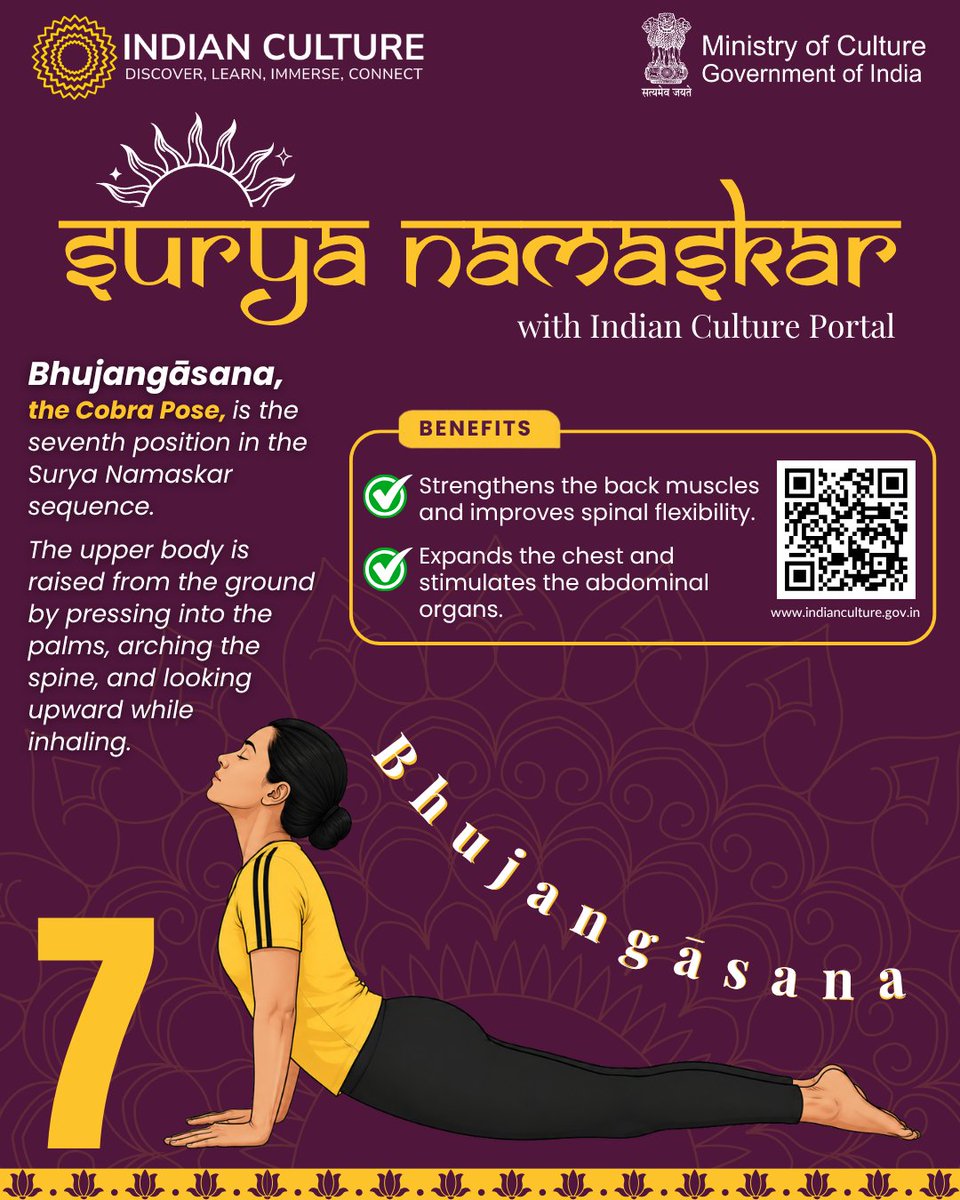 _IndianCulture's tweet photo. Step 7: Bhujangasana (Cobra Pose)
Lift your chest, open your heart, rise like the sun.

Follow @_IndianCulture  to complete the cycle with us!

Explore more at https://t.co/z3KeKDb8ie

#IndianCulturePortal #MinistryOfCulture #SuryaNamaskar #Bhujangasana #SunSalutation #YogaEveryday #Yoga #AncientWisdom #IncredibleIndia #HealthyLiving #IndianKnowledgeSystem #IKS

@MinOfCultureGoI @AmritMahotsav @incredibleindia @PIBCulture @moayush