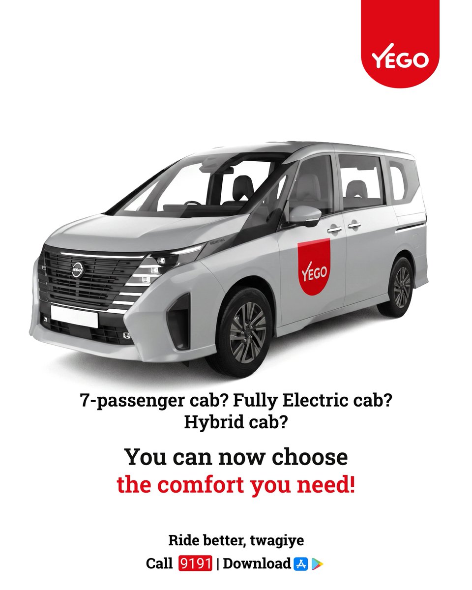 YegoGlobal's tweet photo. 7-passenger cab? Fully electric or Hybrid cab?
Why settle for one option when you can choose the ride that suits your needs?
More space. More comfort. More choices.
Call 9191 and let us know your preferred cab type, or book through the YEGO App.
#RideBetter #Twagiye https://t.co/RqDUakhjLV