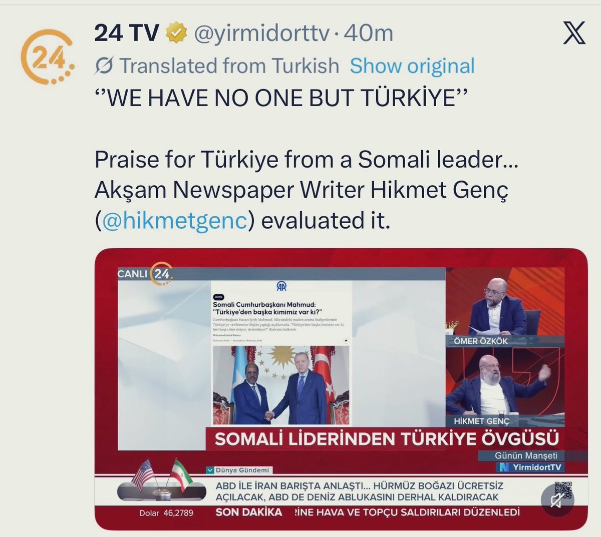 AnalystSomalia's tweet photo. 🇸🇴 🇹🇷

The Problem Is Not the Quote

My timeline is full of Turkish media and social media posts like the attached.

At first glance, they appear to be straightforward reporting of what His Excellency @HassanSMohamud said.

The problem, however, is not the quote.

The problem is the casual presentation of Hassan Sheikh Mohamud as Somalia’s legitimate president when his legal mandate expired on 15 May 2026.

Turks, of all people, should understand why legitimacy matters. Had the 15 July 2016 coup succeeded, Turks would not appreciate foreign media casually treating those who seized power as the legitimate government.

Many of us who hold these views are not anti-Türkiye. Quite the opposite. We have spent years celebrating the Somalia–Türkiye partnership.

Somalia’s greatest assets are its people, its country, its resources—and a political culture that values freedom, constitutional government, the rule of law, and the peaceful transfer of power, while instinctively resisting authoritarian rule and subjugation.

Türkiye should be on the side of Somalia and the Somali people, and should understand that many Somalis view the current dispute not as a contest over personalities, but as a question of constitutional legitimacy, democratic principle, and the peaceful transfer of power.

That is the point our Turkish brothers and sisters need to internalize — because this is ultimately a question of legitimacy, and it is not going away regardless of the sweet talk of outgoing politicians, the sympathies of their admirers, or the amplification of their narratives by well-meaning partners.

Somalis did not build their political culture around submission to strongmen, and they are unlikely to start now.