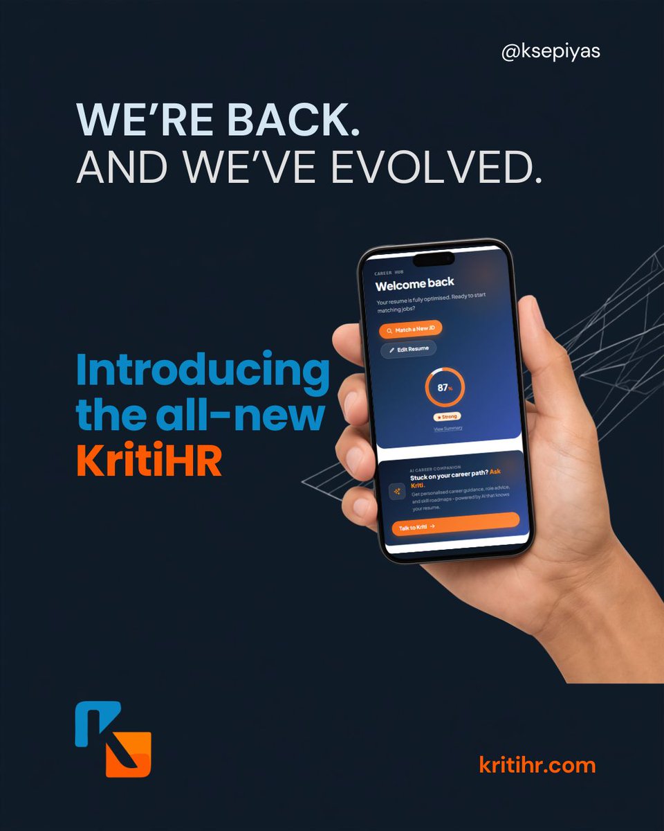 ksepiyas's tweet photo. Sometimes you hit pause to accelerate.

We went heads-down to revamp KritiHR because the right people, found precisely, change everything downstream.

We’re back with next-gen hiring intelligence &amp; skills-first screening.

Explore: https://t.co/hyTBtck6lQ
#KritiHR #TechLaunch https://t.co/HE784eG8TA