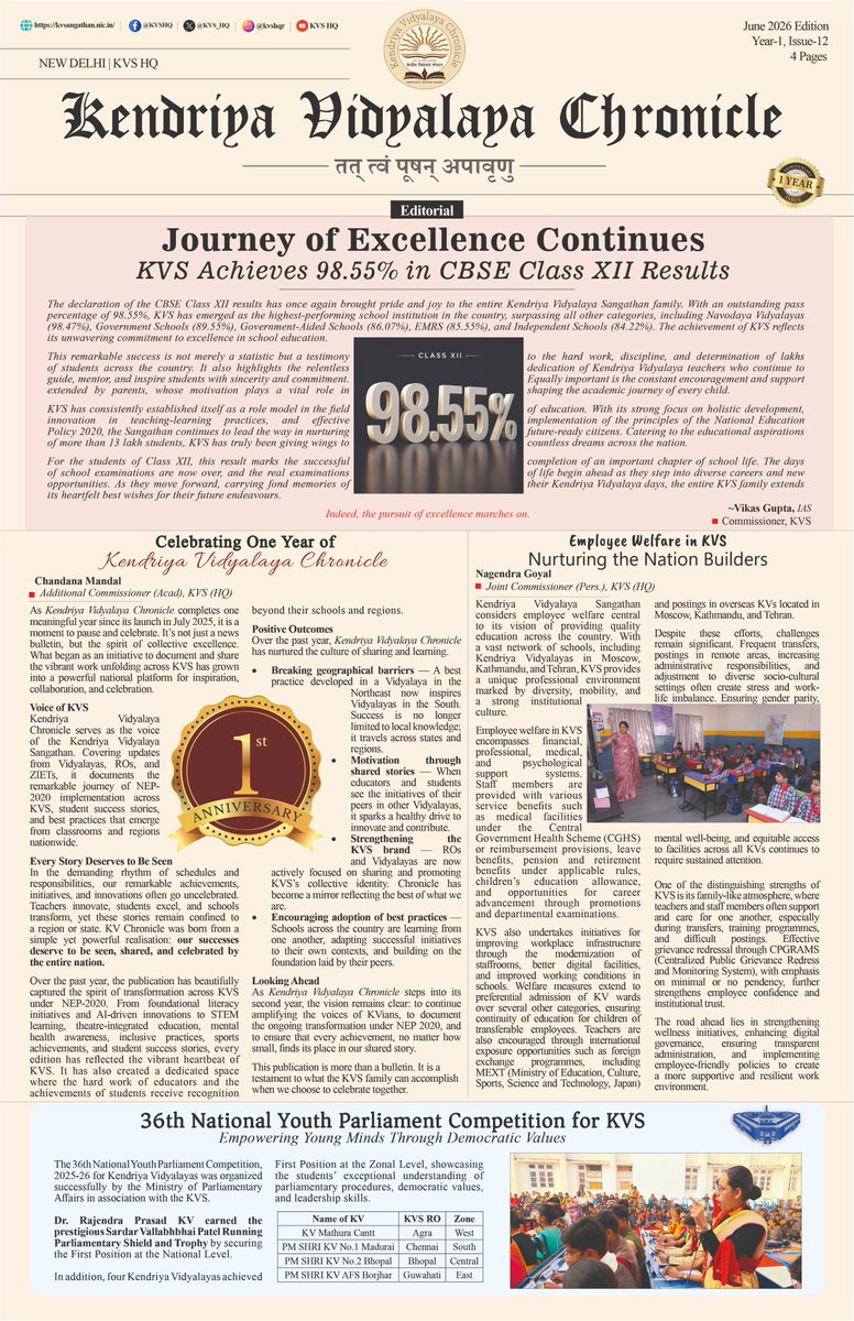 KVS_HQ's tweet photo. The 1st Anniversary Issue (June 2026) of 'Kendriya Vidyalaya Chronicle' is now out!

Take a journey through the past year and explore the latest innovations, inspiring initiatives, and best practices from #KendriyaVidyalayas across the country.

https://t.co/qhnvwAVNAt

#NEP2020 https://t.co/3JPJG45fv1
