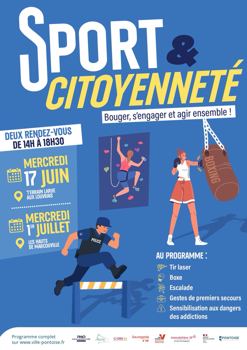 CODES_95's tweet photo. Sport &amp; Citoyenneté à Pontoise !
📍 17 juin : Terrain Larue
📍 1er juillet : Hauts de Marcouville
🕑 14h–18h30
Sport, prévention, rencontres, jeux et convivialité.
Entrée libre et activités gratuites.
#Prévention #CoDES95 #Pontoise https://t.co/ZLpPoiCSky