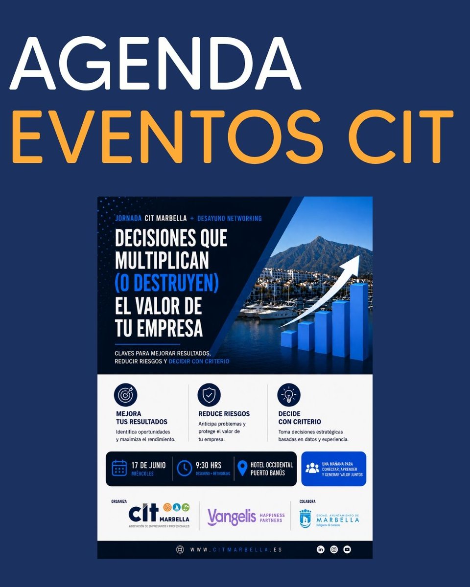 citmarbella's tweet photo. 📈 Las empresas no crecen por casualidad, sino por las decisiones que toman. #JornadaCIT &amp; Networking: Decisiones que multiplican (o destruyen) el valor de tu empresa.
📅 17 junio
⏰ 09:30 h
📍 Hotel Occidental Puerto Banús
🎟️ Últimas plazas disponibles https://t.co/xur7naImAG https://t.co/nVc9ZWloYv
