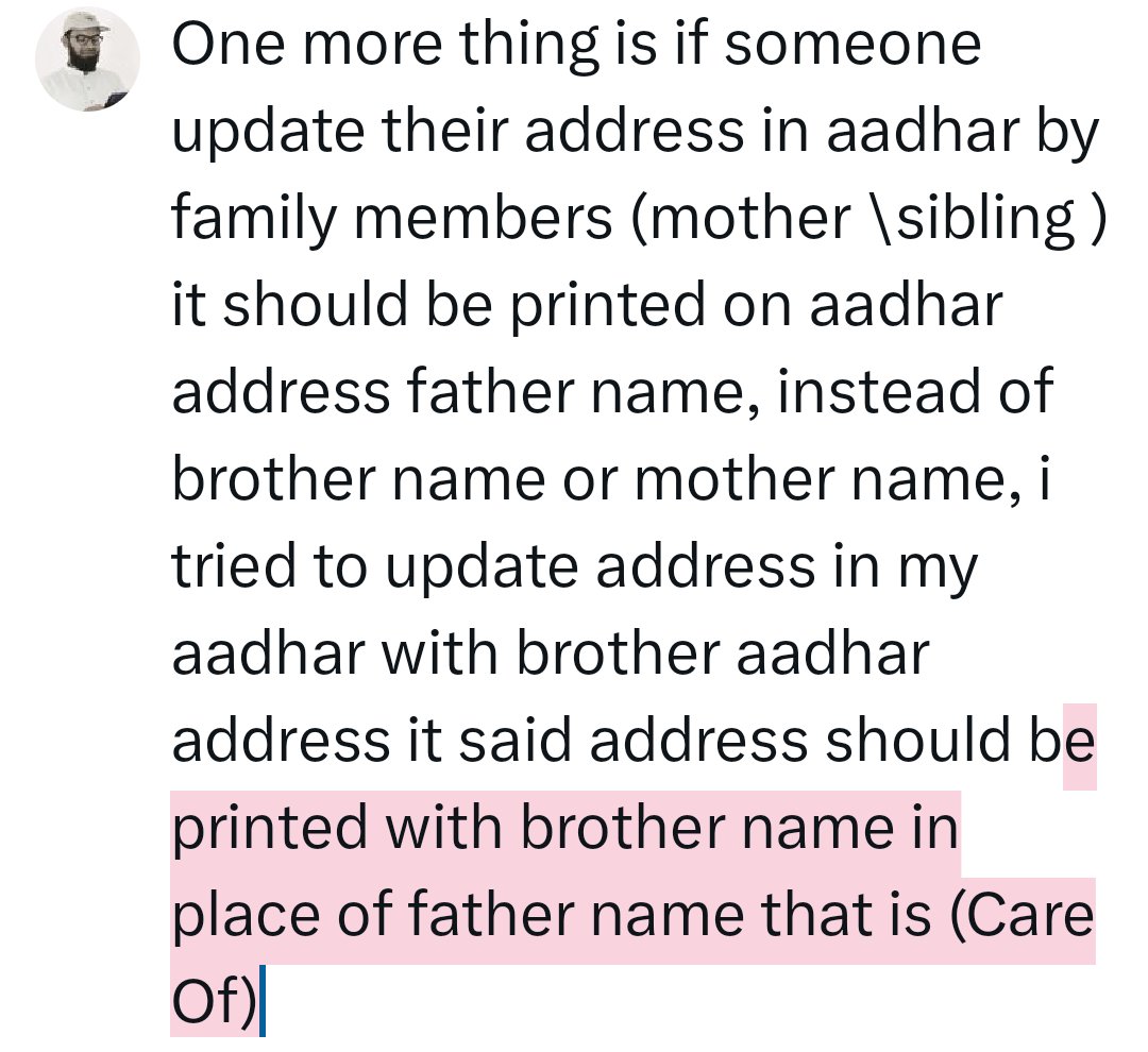 Ashfaq100's tweet photo. @UIDAI @SandhuTaranjitS @drpankajbjp @kjsehrawat @AshwiniVaishnaw @JitinPrasada @SecretaryMEITY @GoI_MeitY @_DigitalIndia @mygovindia @PIB_India Dear sir Have a look please.
My father passed away and i have to update address in my adhar. how to update? If I go through family member (siblings\mother) aadhar address, they print brother or mother name instead of father name, any solution please! https://t.co/NYine5xuzb