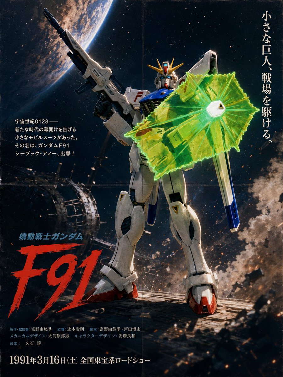 SUGO10141's tweet photo. HGUCガンダムF91を撮影してAIで劇場版ポスター風に加工してみました。
※個人制作のファンアートです。

制作スタッフや配給元の表記が誤っていますが、修正しようとすると、AI的に著作権・商標保護の観点から生成がブロックされる指示と判断されてしまいました... https://t.co/QFwsEnvbaw