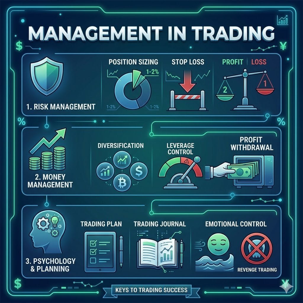 adaora_crypto's tweet photo. ❗️ PORTFOLIO MANAGEMENT AND TIPS IN TRADING!!!

Open trades with 2% - 5% of your wallet balance.
This ratio means you should only open that position with that amount of your total futures capital.

Why shouldn't you exceed 5%? If the price moves 2% against you with 50x leverage, the amount you allocated to that trade will be wiped out. 

If you enter with your entire capital (100%), a split-second market fluctuation (spike) will wipe out your entire wallet in seconds.

Never trade with 50x and don’t use 100% capital.

Cross Trading Advantage: When you enter a trade with only 2-5% of your capital, the remaining 95-98% remains as "margin." This keeps the Liquidation (Liq.) price far from the entry price, giving you room to maneuver.

In short: If you have $1000, enter a 10x leveraged trade with a maximum of $20-50.

1. Trailing Stop Mechanism
Manually moving a stop can sometimes be slow. If your exchange interface supports it (Binance, Bybit, etc.), you can place a Trailing Stop order instead of a manual stop after TP 2 is reached.

Logic: You set a "tracing distance" (in percentage) to the price. 

As the price rises, the stop rises with it. 

When the price starts to fall, the stop remains fixed and closes the position if the price touches that point.

Advantage: It allows you to maximize profit from sudden "pump" movements in the price as it approaches TP 4 and TP 5 targets.

1. Managing Liquidation Level (The Key Point of Cross Trading)
In cross trading, since you opened trade with 10x leverage, your liquidation level (Liq. Price) is calculated according to the total money in your wallet.

Critical Move: Every time you reach TP (Profit Realization), the amount you earned is added to your wallet balance. 

This automatically pushes your liquidation level further away from the entry price.

Strategy: If a sharp market correction occurs after TP 1 and TP 2 are reached, the liquidation risk of your position is reduced thanks to the profits you realized. This creates "breathing space" for you.

But what is the sense in being greedy ? You can close the trade and wait for new entries.

1. "Risk-Free" Trade Conversion
When TP 1 is reached, you not only take profit, but you also reduce the size of your position.

Closing 25% of your position with 10x leverage reduces your sensitivity to a sharp market move in the opposite direction.

1. Funding Rate Monitoring
If you are going to keep the position open for a long time (days) in a cross trade, you should pay attention to funding fees.

If everyone is opening Long positions (Positive Funding), those who open Long positions pay fees to those who open Short positions every 8 hours.

Strategy: If you reach TP 3 and the funding rate is very high, it might be more sensible to close the majority of the position before TP 4 and 5, as the commission you paid could wipe out your profit.
Better still,outrightly close the position,you are in profit anyways.

📌Scenario Analysis: Price Reaches TP 1 But Turns Back
The most common mistake: "I took TP 1, moved the stop loss to the entry, but the price spiked and hit my stop loss, then went to my target (TP 5)."

Solution: Place the stop loss not exactly at the entry price (Entry), but slightly above (or below, depending on the direction) the entry to cover commissions.

If you want to take a risk, instead of moving the stop loss to the entry, you can use a "Stop-in-Profit" and place it slightly below TP 1 to prevent the trade from closing completely.

Manage your risk correctly when participating in trades; the trades you open are your responsibility 💯