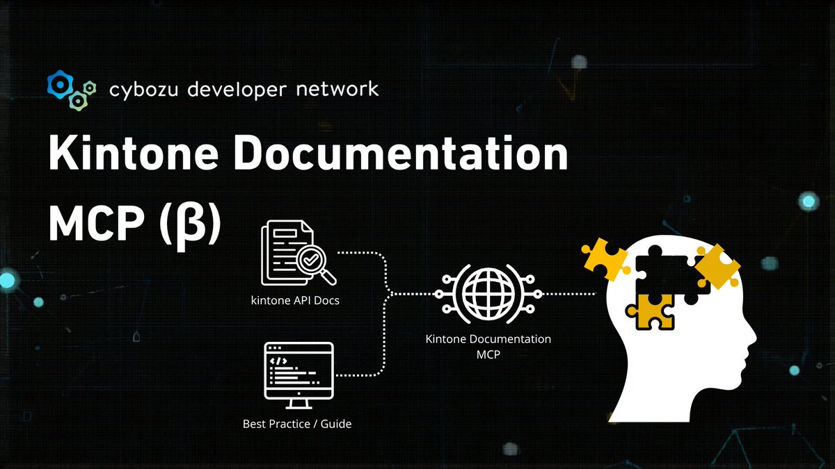 kintonedevjp's tweet photo. ／
kintone Documentation MCP サーバー
β版リリースのお知らせ🚀
＼

常に最新の #kintone API仕様や技術情報を、cybozu developer networkから取得できるリモートMCPサーバーを公開しました。

#Claude 等に繋いで、ぜひご活用ください。改善フィードバックや感想もお待ちしています💬
https://t.co/iv9v53T2qh
#MCP
