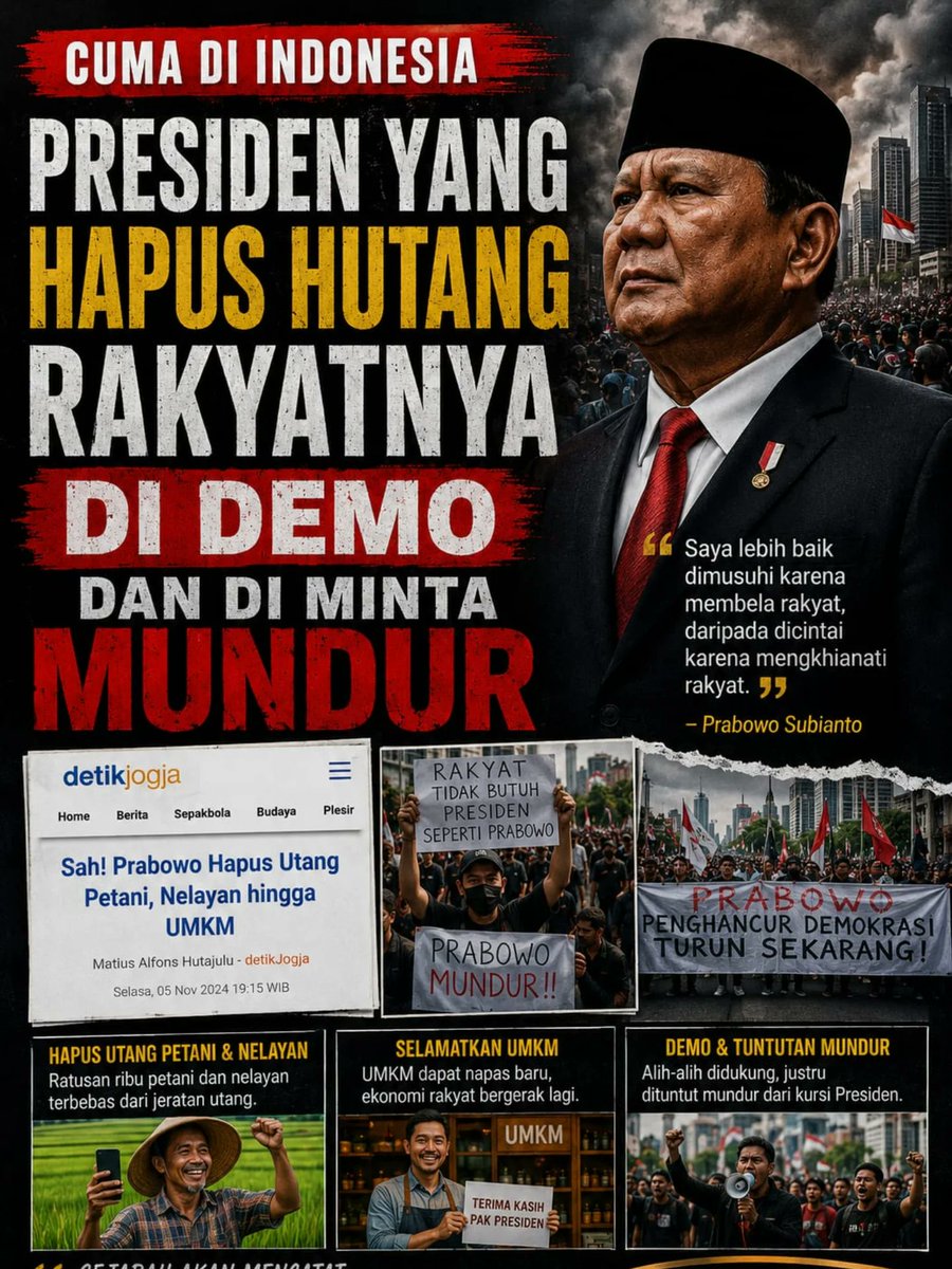 99propaganda's tweet photo. 𝗟𝘂𝗮𝗿 𝗯𝗶𝗮𝘀𝗮 𝗲𝗺𝗮𝗻𝗴 𝗸𝗲𝗽𝗲𝗱𝘂𝗹𝗶𝗮𝗻 𝗯𝗮𝗿𝗶𝘀𝗮𝗻 𝗻𝘆𝗶𝗻𝘆𝗶𝗿 🤡.

Tidur sampai gak nyenyak mikirin APBN, takut negaranya bangkrut cuma gara-gara bantu orang-orang yang tiap hari keringatan demi nyediain makanan di meja makan kita. https://t.co/yjTjyyNgba