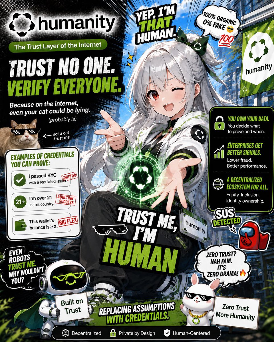 queengestella's tweet photo. “Trust me, I’m HUMAN.” 😎

The internet:
🤖 Bots everywhere
🎭 Fake profiles everywhere
🕵️ Trust issues everywhere

Humanity:
✅ Verify
✅ Stay private
✅ Keep control of your data

Being human is no longer assumed. It’s verified. 🚀
@Humanityprot 
#Humanity #ProofOfHumanity https://t.co/W08Ouy73Mj