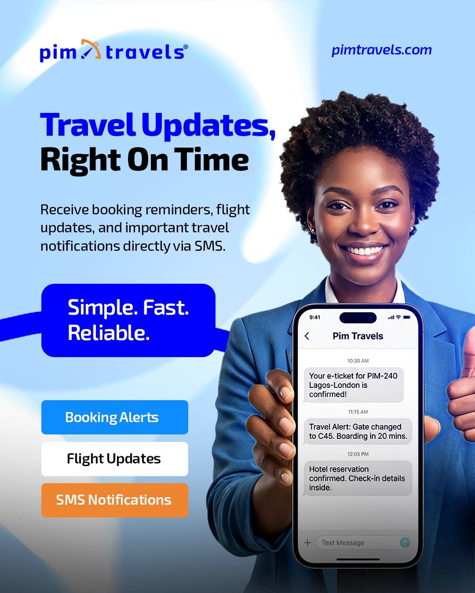 pimtravels_ng's tweet photo. One delayed update can affect an entire trip 

With Travel Extras, receive booking alerts and flight notifications directly via SMS.

https://t.co/lR8wMo4OGp

Book Smart. Travel Better.

#pimtravels I World Cup #TravelTips #travel I Japan I Ivory Coast I Happy New Week I Code https://t.co/Obk1SO8Y3q