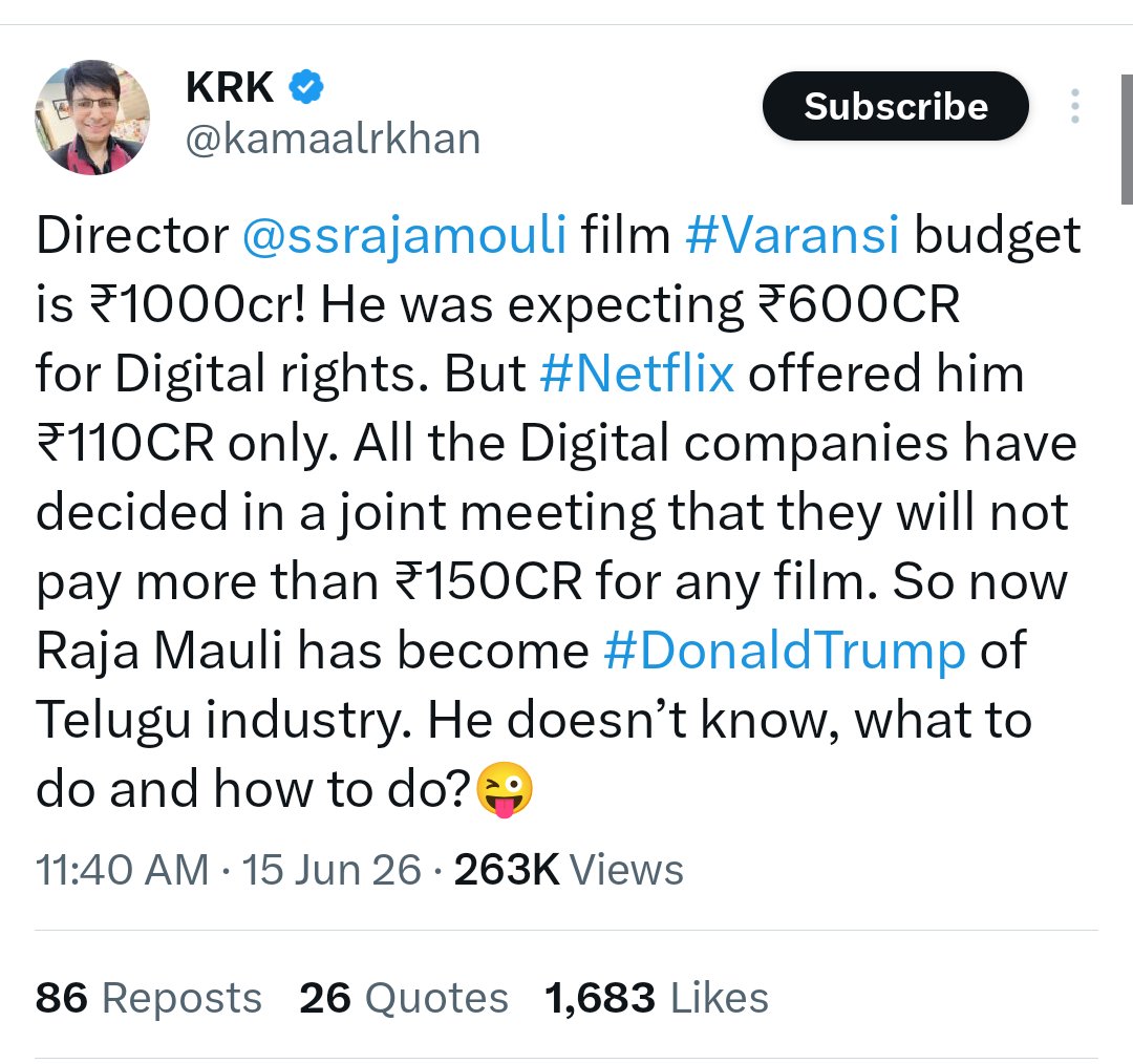AnwarReview's tweet photo. ఈడొకడు.. సందట్లో సడేమియా లా మధ్యలో దూరిపోతాడు.

#Varanasi వాల్యూ ఏమిటో తెలుసా వీడికి?

#Netflix రూ. 110 కోట్లు ఆఫర్ చేసిందా?

రాజమౌళి ఎంత అడిగితే అంత ఇవ్వడానికి OTT లు సిద్ధం గా వున్నాయి.

ఎప్పుడు డీల్ ok ఐనా అది నెవర్ బిఫోర్ రేట్ తోనే.

ఇండియన్ OTT చరిత్రలో కోడ్ చెయ్యని రేట్ తో డీల్ ఫిక్స్ అవ్వబోతోంది.

@kamaalrkhan