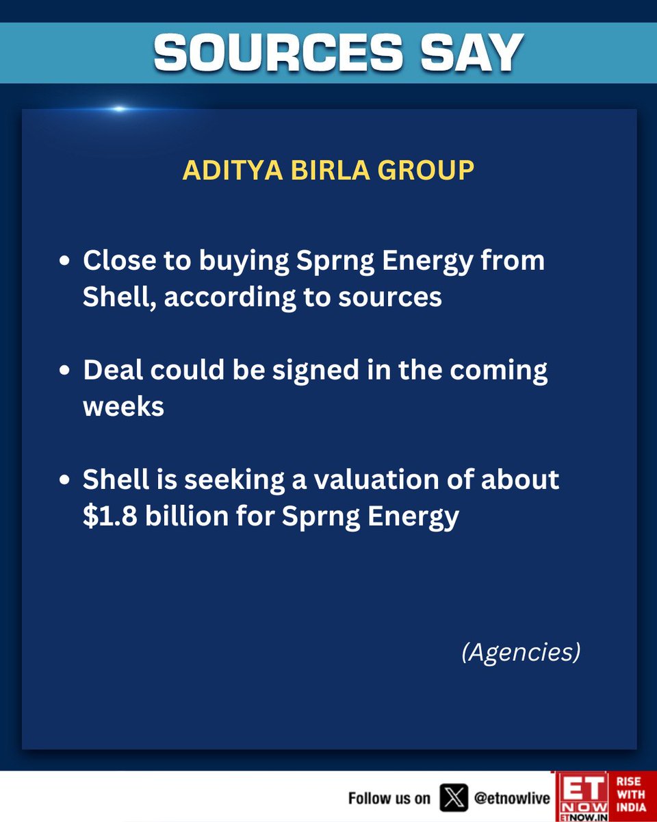 ETNOWlive's tweet photo. #SourcesSay | Aditya Birla Group is close to buying Sprng Energy from Shell (Agencies)
#AdityaBirlaGroup #Shell #SprngEnergy #RenewableEnergy #CleanEnergy https://t.co/BR5NfLRM5O