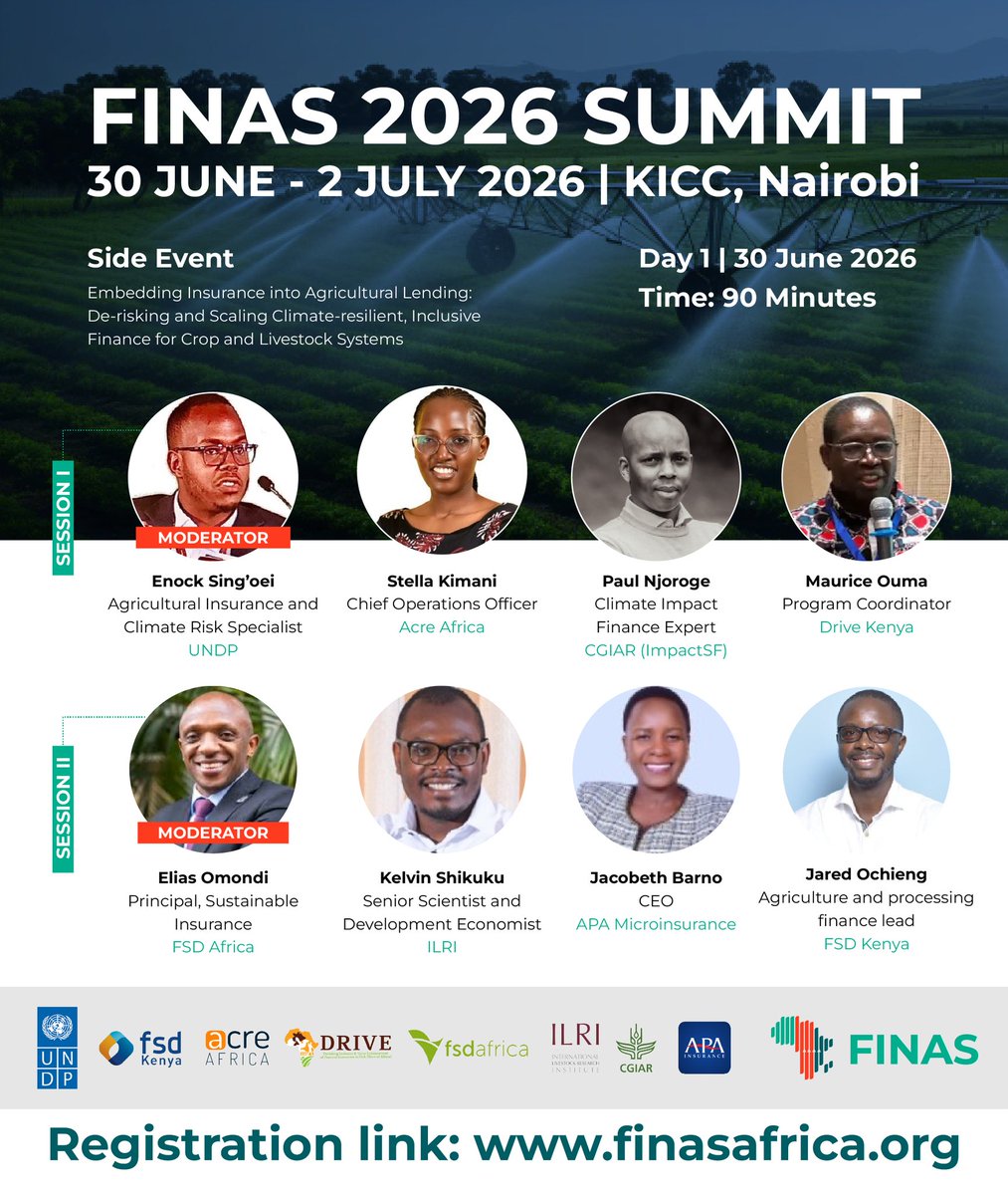 FINASAfrica's tweet photo. With unpredictable weather patterns impacting farming communities, how do we protect both lenders and smallholder farmers? 

The answer lies in systemic, climate-resilient solutions. 

At the #FINAS2026 Summit, we are hosting a dedicated side event (comprising of experts from UNDP, Acre Africa, CGIAR, Drive Kenya, FSD Africa, ILRI, APA Microinsurance, and FSD Kenya ) focused on embedding insurance right into agricultural lending. Whether it’s crop or livestock systems, de-risking finance is the key to unlocking true agricultural potential in Africa.

Mark your calendar: 30 June 2026 (Day 1)
Venue: KICC, Nairobi
 Duration: 90 Minutes

Don't miss out on these insights. Click the link to register: https://t.co/7UmFaLx3QH

#FINAS2026 #AgriFinance #ClimateAction #LivestockInsurance