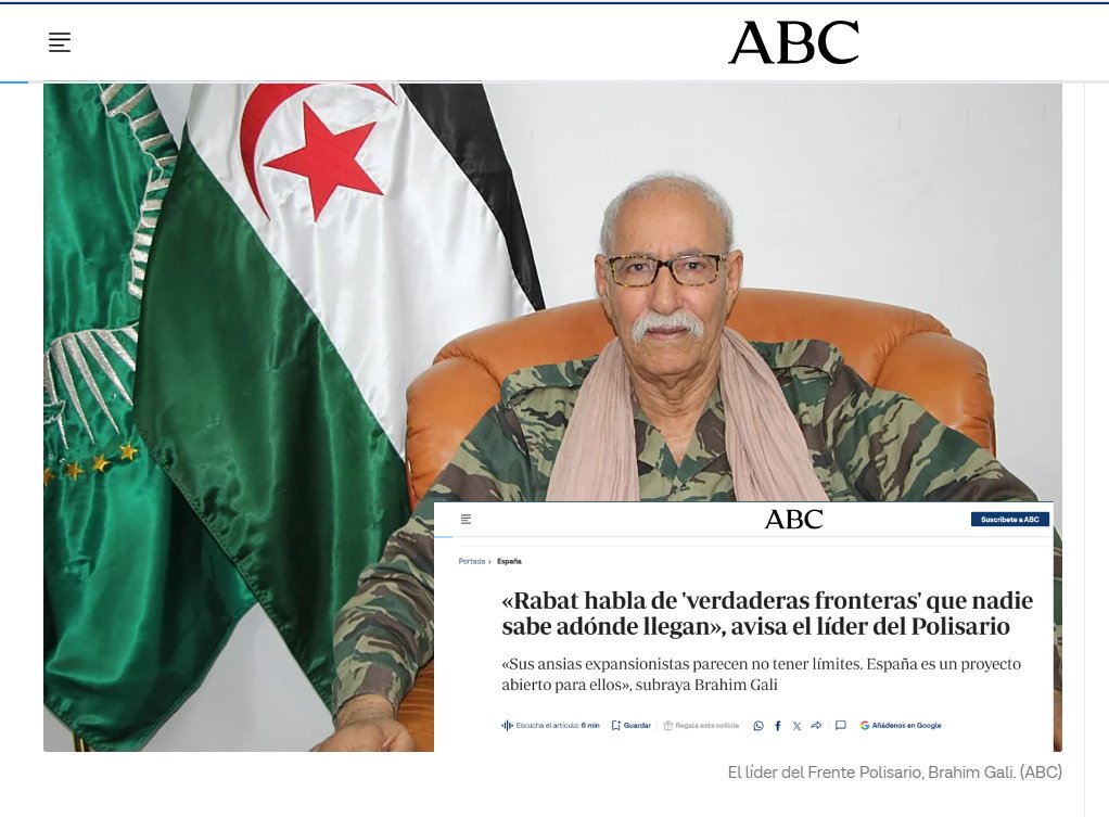 Sahara_1951's tweet photo. OBSERVADOR SAHARAUI | Breve: Brahim Gali advierte sobre Ceuta y Melilla y acusa a Marruecos de mantener aspiraciones expansionistas
Brahim Gali, presidente de la República Saharaui, advierte sobre las aspiraciones expansionistas de Marruecos en una entrevista con el diario ABC. Asegura que España debe prestar atención a estas amenazas, ya que la historia muestra que las reivindicaciones marroquíes pueden abarcar otras regiones, generando preocupación en el norte de África. https://t.co/FizNTQeKzb