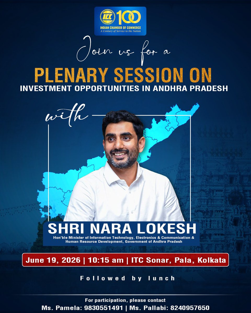ICC_Chamber's tweet photo. Andhra Pradesh is emerging as one of India’s most dynamic investment destinations, driven by progressive policies, world-class infrastructure, and a strong focus on innovation and industrial growth.

Join us for an exclusive Plenary Session on Investment Opportunities in Andhra Pradesh with Shri Nara Lokesh, Hon’ble Minister for Information Technology, Electronics & Communication & Human Resource Development, Government of Andhra Pradesh.

Gain valuable insights into the state's vision for technology, manufacturing, skill development, and future-ready investments while engaging with industry leaders, policymakers, and business stakeholders.

Register now: https://t.co/mHUPXfLqfa

#IndianChamberOfCommerce #AndhraPradesh #InvestmentOpportunities #ViksitBharat

@naralokesh | @AndhraPradeshCM | @AndhraIndex