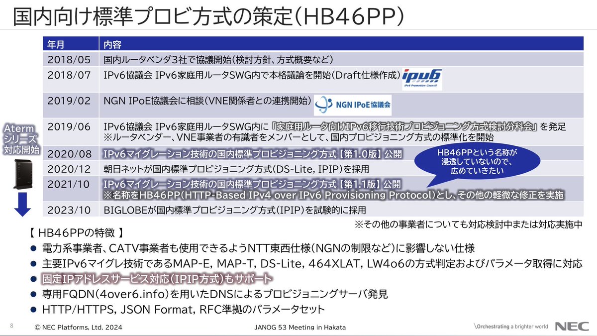 katokonigiry's tweet photo. MAP-EやDS-LiteはRFCで定められているのに「MAP-E対応」機器がプロバイダ（光コラボ含む）によって繋がらないことがある。原因はプロビジョニングパラメータが標準化されていないから。これをわかりやすく整理した資料。
https://t.co/sYq770VRvh https://t.co/C4Lmu4umGX