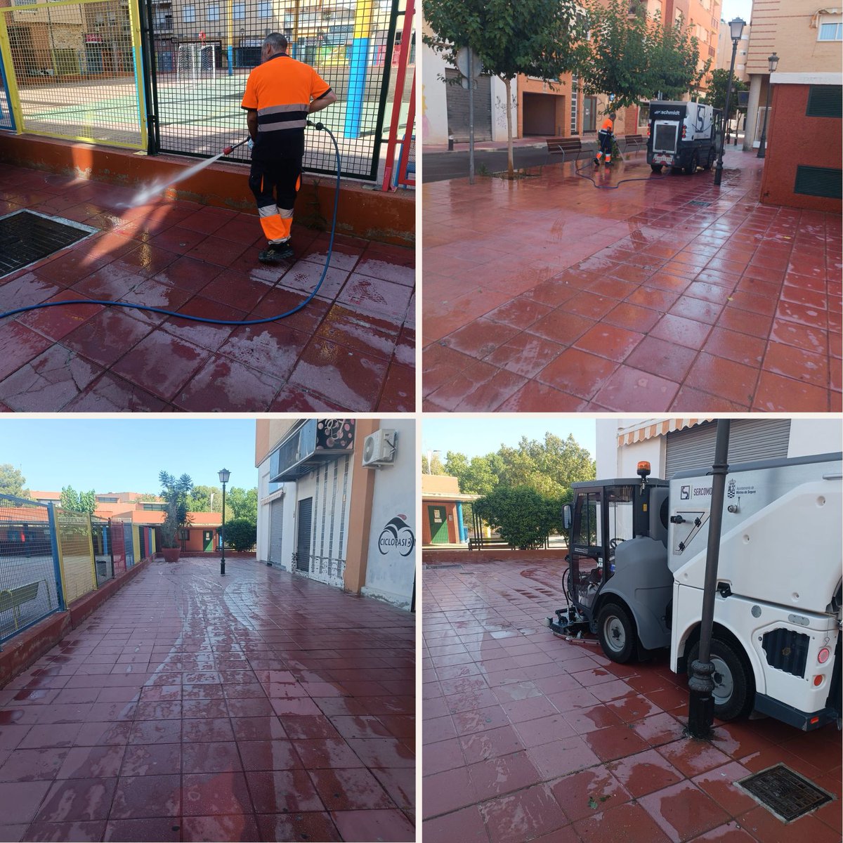 SercomosaN's tweet photo. 💦 Desinfección con baldeo y fregadora en la calle Coros y Danzas, actuando en bajos de fachadas y mobiliario urbano para mantener nuestros espacios públicos más limpios.

👉 Recuerda llevar una botellita con agua y vinagre para echar sobre el orín de tu mascota. Así evitamos que otras mascotas marquen el mismo lugar y reducimos los malos olores que se intensifican con el calor.🧹🐾

#LimpiezayDesinfección #MolinadeSegura