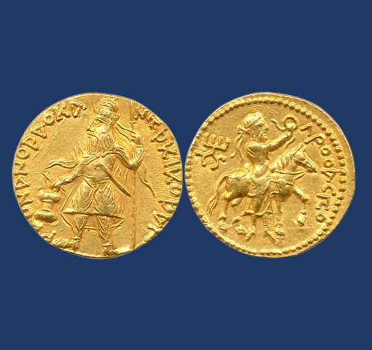 MintageWorld's tweet photo. Rare LROOASP Type Gold Dinara of Kanishka

The great Khushana, Emperor Kanishka ruled for almost 23 years and is the most important ruler of the reign. He introduced unique forms of important deities on his gold and copper coins. A very important aspect of his coinage is mentioning the names of the deities by the image either on the left or right side of the figure.

Buddha, Oado, Nana, Mao (Moon), Miiro (Mihir sun), and Oesho are some of the famous deities depicted on his gold and copper coinage.

For more... https://t.co/8XHkO81NiW

#coins #money #numismatics #CultureUnitesAll #ancient #India #Kushana #Kanishka