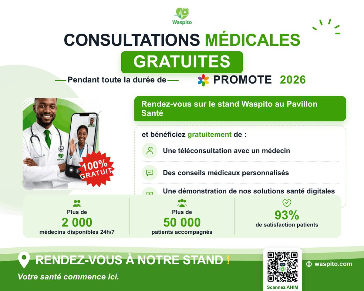 waspito1's tweet photo. À PROMOTE ? Alors ne passez pas à côté de cette opportunité 👀🩺

Nous offrons des consultations médicales gratuites sur notre stand à PROMOTE 2026 ! 🙌

 👉 Passez nous voir sur le stand Waspito situe au pavillon sante localise a esplanade et profitez-en. https://t.co/hXobISerGB