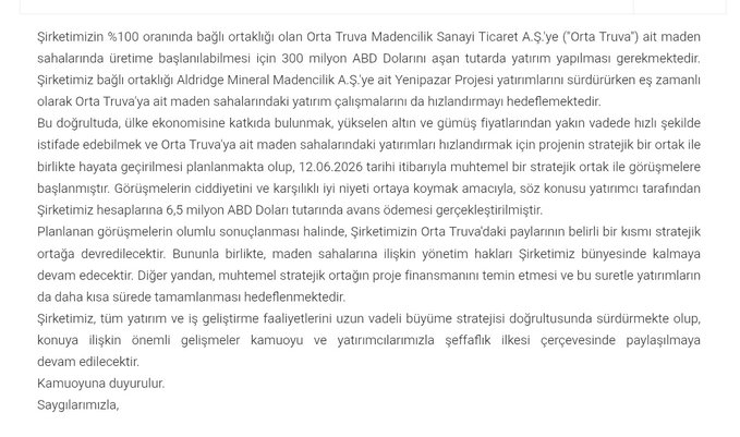 borsada01numara's tweet photo. #CVKMD stratejik ortaklık görüşmelerine başladı.

 Altın ve gümüş maden projelerinde 300 milyon doların üzerindeki yatırımları hızlandırmayı hedefleyen şirket, potansiyel yatırımcıdan 6,5 milyon dolar avans aldığını açıkladı.

#borsa #bist100 https://t.co/DB3YqVyHRK