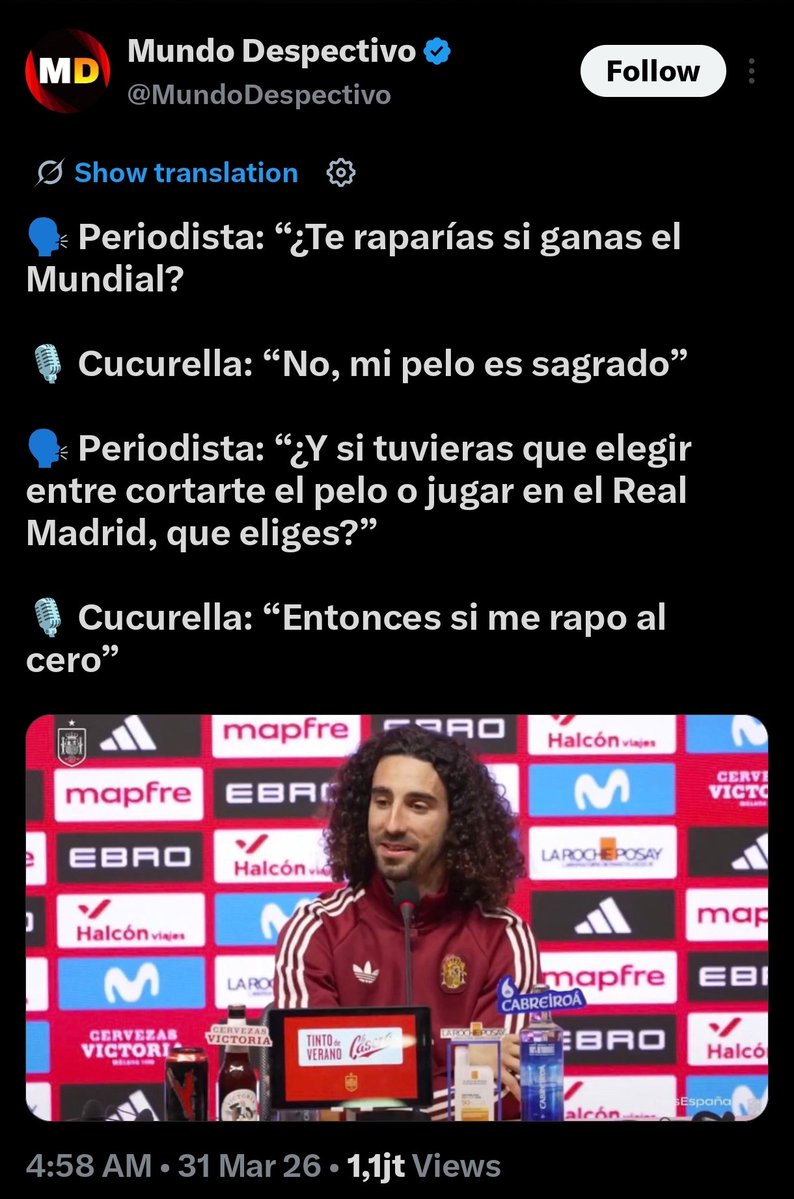 idextratime's tweet photo. Pernyataan Cucurella yang lebih pilih rambutnya dibotakin ketimbang bergabung ke Real Madrid itu PALSU, hanya candaan yang dibuat akun parodi Mundo Despectivo pada bulan Maret lalu. ❌ 

🗣️"Apakah kamu akan mencukur botak rambutmu jika memenangkan Piala Dunia?"

🎙️Cucurella: "Tidak, rambutku itu keramat (suci)."

🗣️"Jika kamu harus memilih antara memotong rambut atau bermain di Real Madrid, mana yang kamu pilih?"

🎙️"Kalau begitu, aku akan mencukur habis rambutku sampai botak plontos."