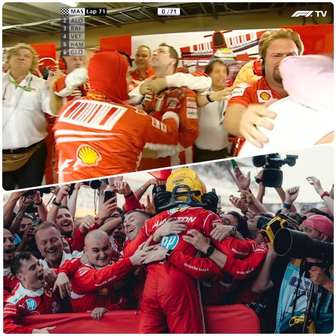 f1trollofficial's tweet photo. The first time Ferrari celebrated a historic Hamilton win, vs the most recent https://t.co/kPOBaQSlUS
