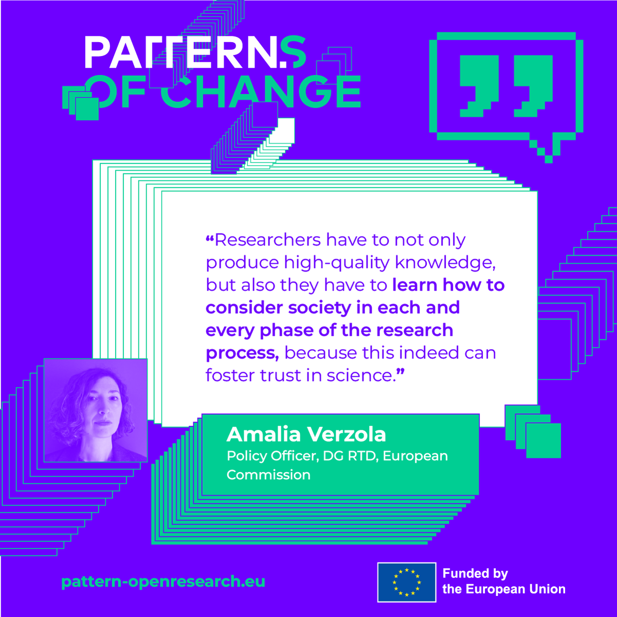 PatternEU's tweet photo. High-quality research needs more than just good data. It needs trust.🤝

@amy_verzola (@EU_Commission) highlighted at our final event that involving society in every phase of research is key to building that connection.🧬

Watch the full talk: https://t.co/GGRD2Ulgs2 https://t.co/NzEeJp3BHT