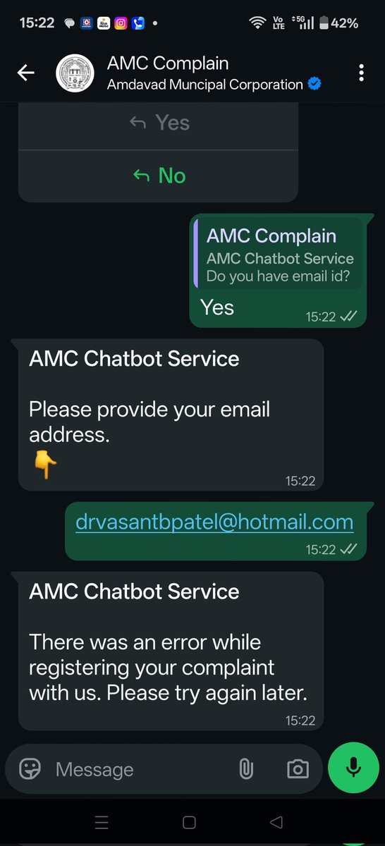 vasant69's tweet photo. @AmdavadAMC 
આપના દ્વારા ચલાવવામાં આવતું whatsapp ચેટબોર્ડ કામ કરી રહ્યું નથી  ફરીથી ફરિયાદ કરવાની સૂચના આપી રહ્યું છે માટે જાહેર જનતાના હિતમાં યોગ્ય કાર્યવાહી કરી સારા સોફ્ટવેર વાપરવા વિનંતી https://t.co/Mje1Px36k2