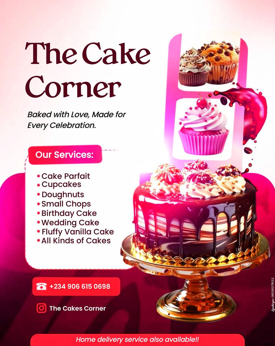EvelynOlal17356's tweet photo. Happy New Week π©βπ»β¨
I designed this cake flyer to showcase delicious, beautifully crafted cakes perfect for birthdays, weddings, celebrations, and every special moment.
#CakeFlyer #GraphicDesign #pixellab #graphicdesigner #graphicsdesign #FlyerDesign #lyndesigns https://t.co/fzorvZaoUT